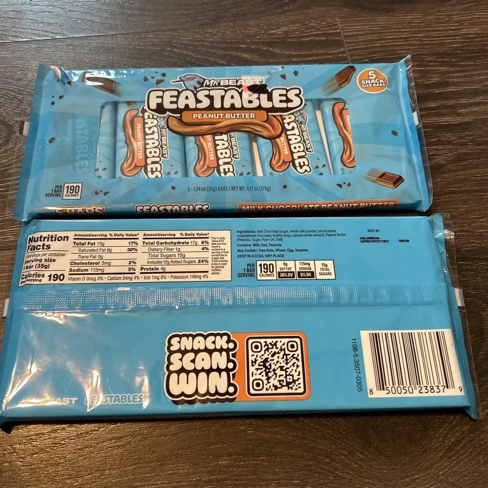 Mr Beast FEASTABLES Peanut Butter 10 Bars 1.24oz Snack Size, Two 5 Packs 1/8/26